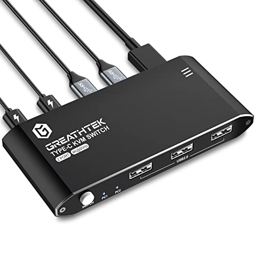 USB C KVM Switch 2 Port 4K@60Hz - with 3 USB 2.0 Ports & 100W Power Delivery, Type C KVM Switch for 2 Computers Share 1 Monitor Keyboard & Mouse, Compatible Laptop, Adaptive EDID, with USB C Cables