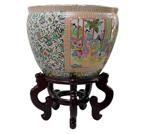 Oriental Furniture Warehouse Rose Medallion Planter Fishbowl with Koi Fish 12 in