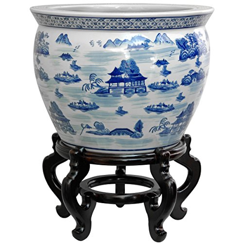 Oriental Furniture 16" Landscape Blue & White Porcelain Fishbowl