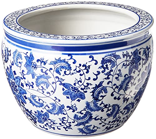 Oriental Furniture 12" Floral Blue & White Porcelain Fishbowl