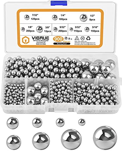 VIGRUE 900 Piece 8 Sizes Assorted Loose Bicycle Bearing Balls Assortment Kit 5/32" 1/8" 3/16" 7/32" 3/32 1/4" 3/8 and 1/2"