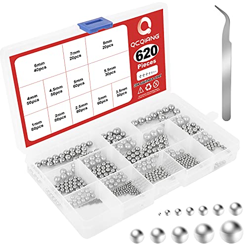 QCQIANG 620Pcs 12 Size Stainless Steel Precision Steel Balls, Metal Balls Mini Ball Bearing Assortment Kit 1mm, 2mm, 2.5mm, 3mm, 3.5mm, 4mm, 4.5mm, 5mm, 5.5mm, 6mm, 7mm, 8mm