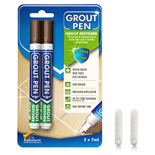 Grout Pen Brown Tile Paint Marker: Waterproof Grout Paint, Tile Grout Colorant and Sealer Pen - Narrow 5mm, 2 Pack with Extra Tips (7mL) - Brown