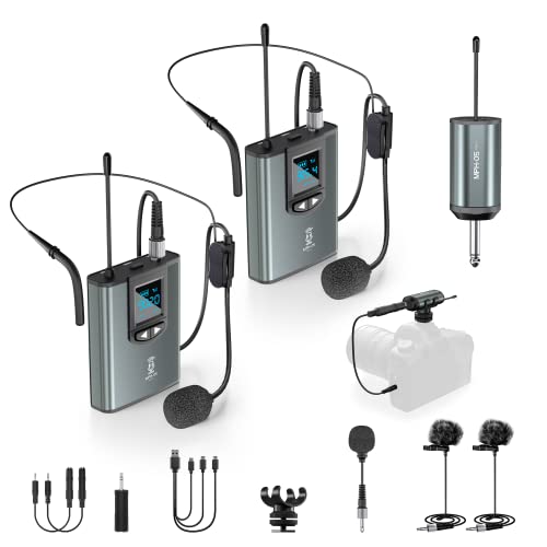 Wireless Lavalier/Headset Microphone System Dual Bodypack Transmitters&Receiver Wireless Mic Set Rechargeable for iPhone, PA Speaker, DSLR Camera, YouTube, Video Recording, Teaching, Church, Interview