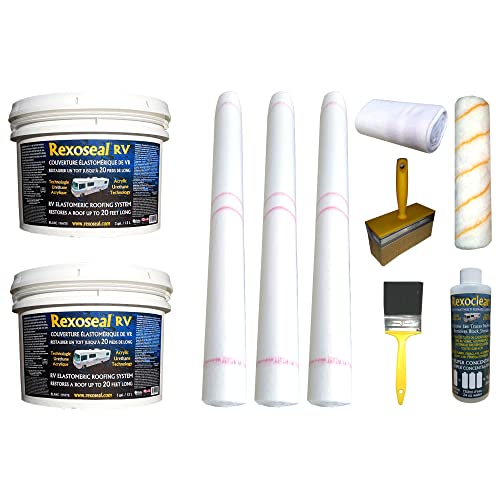 Rexoseal RV Roof Replacement Kit for RV's up to 20' Long - Liquid Rubber Roofing System - Waterproofing and Protective RV Roof Coating Sealant - White, 2 x 3 Gallon