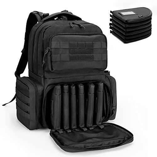 DSLEAF Tactical Pistol Backpack with 6 Pistol Cases, Gun Range Backpack with 10x Magazine Slots for Shooting and Hunting, Black