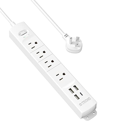 Surge Protector Power Strip with USB, TROND Ultra Thin Flat Plug 3ft Extension Cord 1625W, 3 USB A & 1 Type C, 4 AC Outlets 1440J Surge Protection Wall Mount for Home Office Dorm Room, White