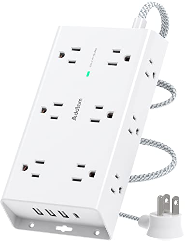 Surge Protector Power Strip - 3 Side 12 Widely Outlets and 4 USB Ports(1 USB C Outlet), Addtam Outlet Extender Strip with 5Ft Extension Cord, Flat Plug, Wall Mount for Dorm Home Office, ETL Listed