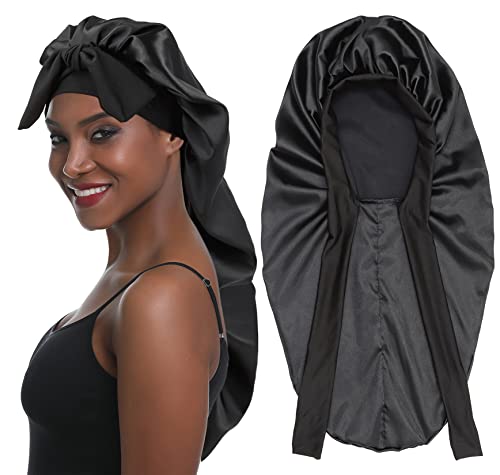 SENGTERM Silk Braid Bonnet Long Satin Bonnet Sleep Cap with tie Band Adjustable Bonnet for Women Curly Dreadlocks Frizzy Hair