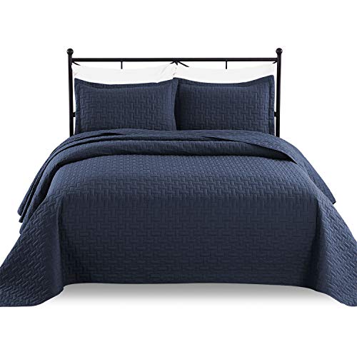 BASIC CHOICE Luxe Bedding 3-Piece Oversized Quilted Bedspread Coverlet Set, Standard 100 by Oeko-Tex (Full/Queen, Navy Blue)