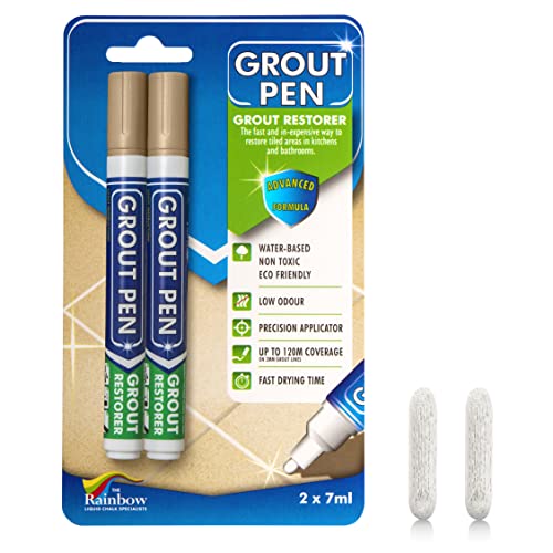 Grout Pen Beige Tile Paint Marker: Waterproof Grout Paint, Tile Grout Colorant and Sealer Pen - Narrow 5mm, 2 Pack with Extra Tips (7mL) - Beige