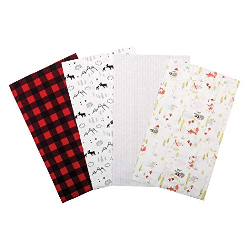 Buffalo Check Woodland 4 Pack Flannel Burp Cloth Set-Winter Woods, Buffalo Check, Moose Mountain, Herringbone Prints, Red, Black, Gray, Green, 100% Cotton Flannel, 11.5 in x 20 in Each