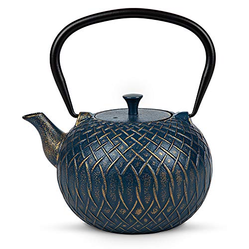 Tea Kettle, Toptier Japanese Cast Iron Tea Kettle for Stove Top, Stovetop Safe Teapot with Infusers for Loose Tea, 34 Ounce (1000 ml), Navy Melody