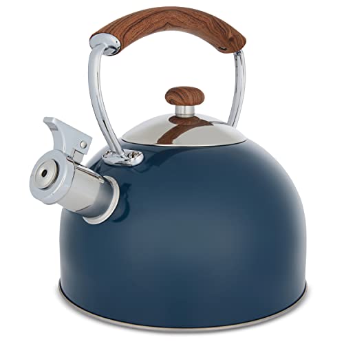 Phantom Chef Tea Kettle | 2 QT, 2.7 L | Stainless Steel | Stay-Cool Touch Handle | Whistle Sounds when Water Boils | Hand wash | Anti-Rust | Teakettle Teapot for All Heat Sources | Full Handle (Navy)