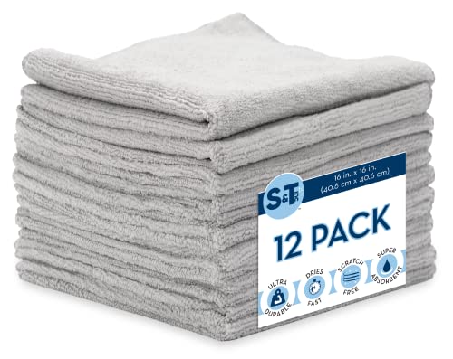 S&T INC. Heavyweight Microfiber Cleaning Cloth for Home, Bulk Cleaning Towels for Housekeeping, Reusable and Lint Free Cloth Towels for Car, 300gsm Towel Weight, 16 Inch x 16 Inch, Grey, 12 Pack