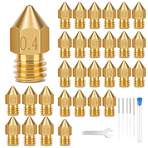 30PCS 3D Printer Nozzles, High Temperature&Wear Resistance, Better Thermal Conductivity Brass 3D Printer Nozzle 0.2mm, 0.3mm, 0.4mm, 0.5mm, 0.6mm, 0.8mm, 1.0mm for MK8, Ender 3, Creality CR10 LAIHIFA