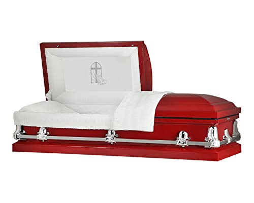 Titan Casket Orion Panel Collection (Red, Praying Hands & Window) Handcrafted Funeral Casket - Red with White Crepe Interior 'Praying Hands & Window' Head Panel