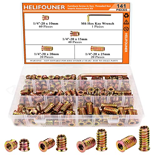 1/4-20 Threaded Inserts, Wood Inserts, Steel Threaded Inserts for Wood Furniture Screw, HELIFOUNER 140 Pieces 1/4"-20 x 10mm/15mm/20mm/25mm Threaded Inserts Kit with Hex Wrench