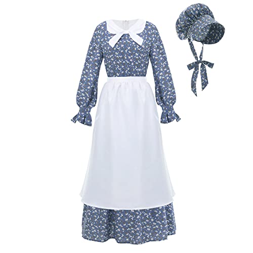 LTAKK Colonial Dress Women Prairie Pioneer Dresses Floral Pilgrim Costume, Blue, Large