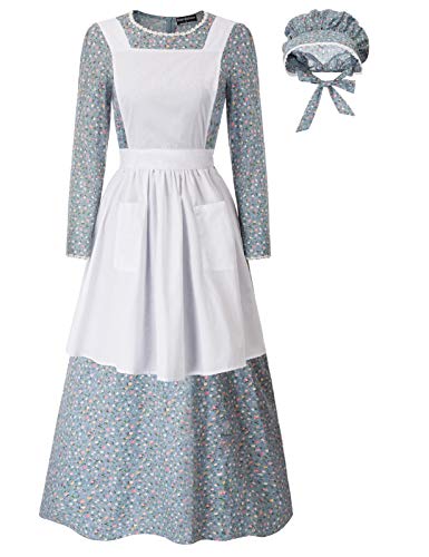 Scarlet Darkness Pioneer Women Prairie Dress Deluxe Colonial Dress Laura Ingalls Costume Light Blue L