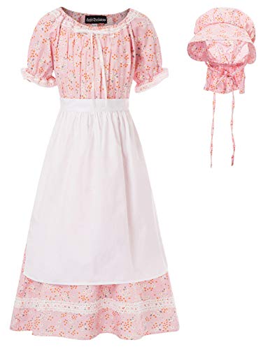 Girls Floral Pioneer Dresses with Apron and Bonnet Colonial Costumes Pink 12-13 Years