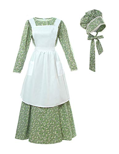 ROLECOS Pioneer Prairie Costume Womens Colonial Pilgrim Costume Amish Dress Pioneer Trek Dresses 3 Pcs Green L