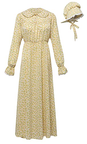 FORTMAC Pioneer Costumes for Women-Pioneer Prairie Dress Women Old Fashion Pioneer Trek Laura Ingalls Dress Yellow XL