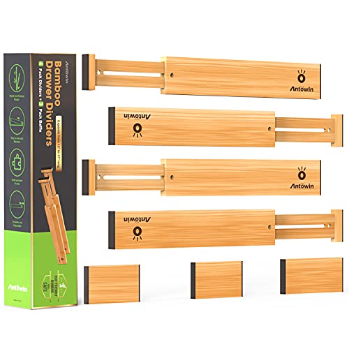 ANTOWIN Bamboo Drawer Dividers Organizers, Drawer Separators Splitter,13-17 inches Long Adjustable Spring-loaded Organizer for Large Utensil, Clothes, Tools Drawers (4+3)