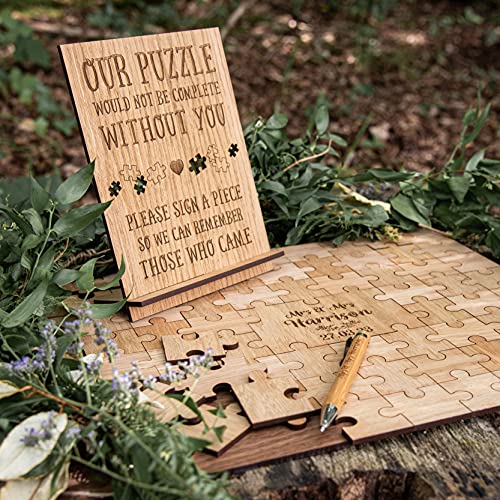 Wedding guest book alternative jigsaw puzzle personalized guestbook | laser engraved wooden pieces for party engagement reception anniversary (66 piece - Cursive Font)