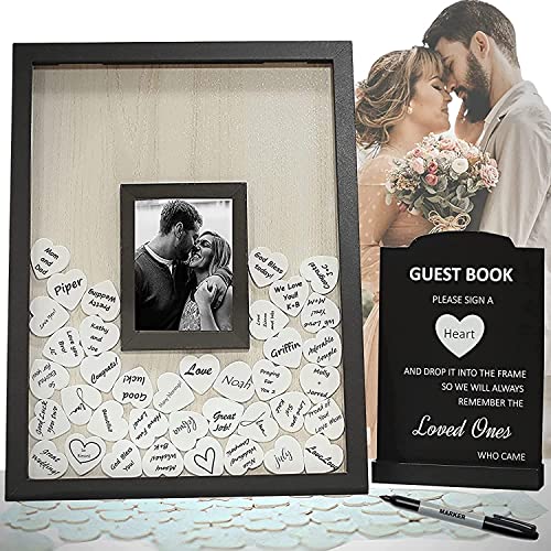 CampoliCreations Wedding Guest Book Alternative, Registry Item,12x16 Picture Frame, 65 Pcs Welcome Sign, Gift, White Hearts, Baby Shower Registry, Anniversary, Funeral, Memories, Black (2)