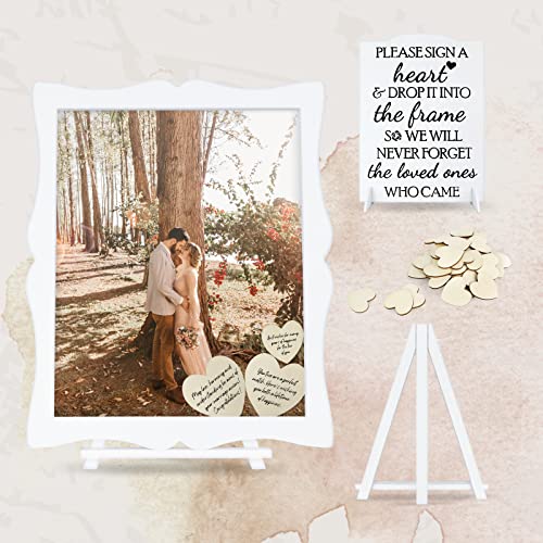 Wedding Guest Book Alternative Wooden Picture Frame with Display Stand, 85 Wooden Hearts|2 Large Hearts, DIY Insert Custom Portrait Sign Book for Special Parties Such as Wedding, Birthday