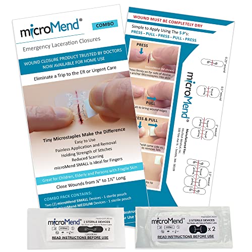 microMend Emergency Wound Closures Surgical Quality Laceration Repair Without Stitches - Think Ahead - Be Prepared - Add to Your Survival Kit, Camping Gear (Combo Pack - 2 Sizes: Small & Medium)