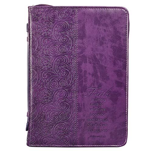 Christian Art Gifts Women's Fashion Bible Cover Faith Hebrews 11:1, Purple Paisley Faux Leather, XL