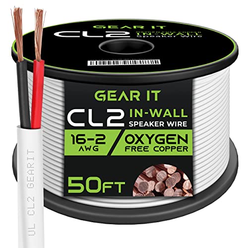 GearIT 16/2 Speaker Wire (50 Feet) 16AWG Gauge - in Wall Audio Speaker Wire Cable / CL2 Rated / 2 Conductors - OFC Oxygen-Free Copper, White 50ft