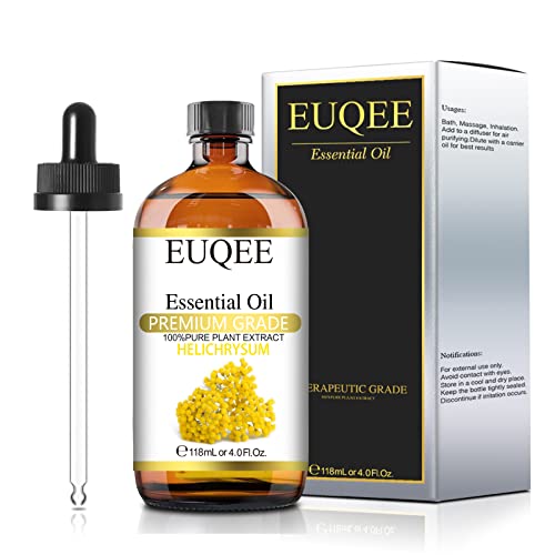 EUQEE Helichrysum Essential Oil 4 oz/118 ml Large Bottle Premium Grade Helichrysum Oil with Glass Dropper Perfect for Diffusers, Humidifier, Bath, Massage, Candle & Soap Making