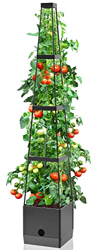 vanpein Raised Garden Bed Planter Boxes & Trellis, Tomato Cage & Planter Pot Outdoor 59" Plant Support with Self Watering for Climbing Vegetable Flowers Vines Plants, Gray