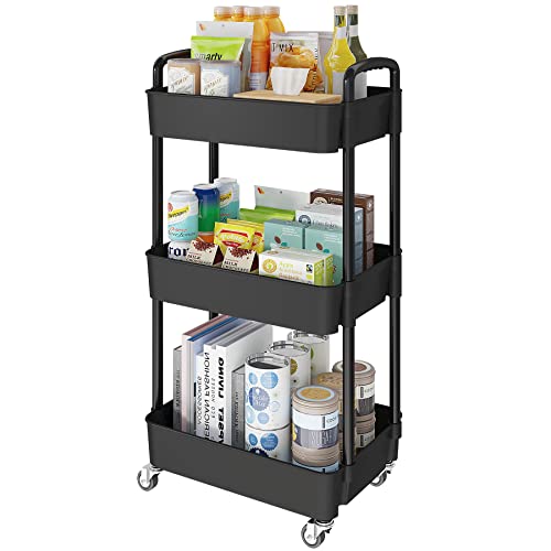 Laiensia 3-Tier Storage Cart,Multifunction Utility Rolling Cart Kitchen Storage Organizer,Mobile Shelving Unit Cart with Lockable Wheels for Bathroom,Laundry,Living Room,With Classified Stickers,Black