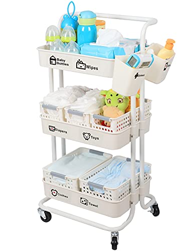 JOLEAD Baby Diaper Caddy Organizer Cart Movable, 3-Tier Sturdy Newborn Nursery Essentials Storage Cart for Changing Table & Crib, with Mesh Baskets Hanging Cups and Sticker, Easy to Assemble