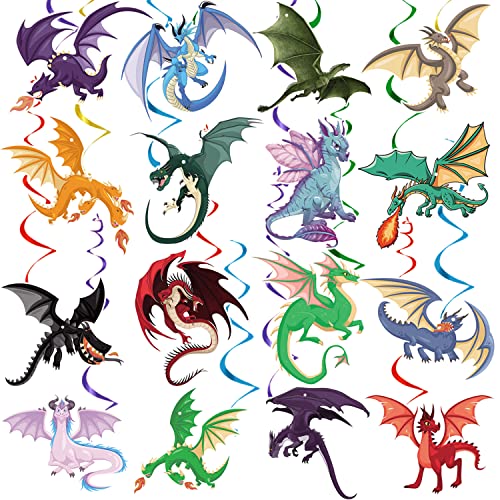 32 Pcs Dragon Party Decorations, Dragon Hanging Swirl, Large Size & Double-Sided Printed, Dragon Birthday Party Supplies, Dragon Theme Birthday Decorations for Wall Door Window Ceiling (16 Styles)