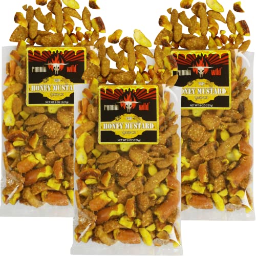 Honey Mustard Crunch Snack Mix | Honey Mustard & Onion Pretzel Pieces, Honey Roast Sesame Chips, Honey Mustard Sesame Sticks | Runnin' Wild Foods, 1.5 Pounds total (Box of 3 bags, 8oz each)