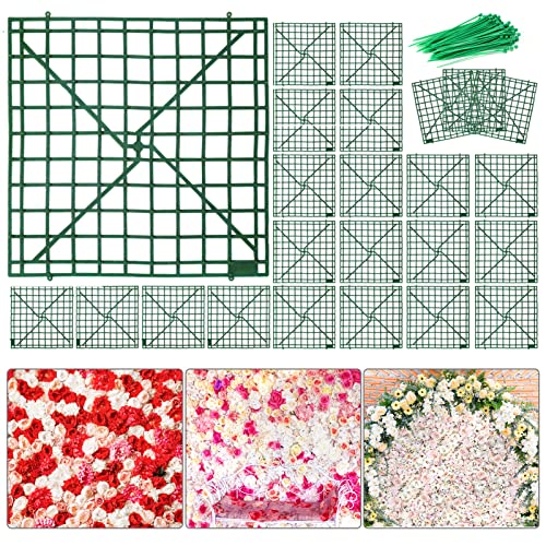 Aboofx 24 Pieces Artificial Flower Grid Panels, 10x10 inch Grid Wall Panels, Grid Plant Wall Frames, Flower Wall Panels for Backdrop, Plastic Fences Frames, Plant Wall Decoration for Wedding Party