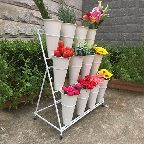 KEPMOGOH Flower Display Stand with 12pcs Plastic Buckets Iron Plant Stand with 4 Universal Wheel, 3-layers Metal Moving Florist Bouquet Shelf for Fresh Flower Shop, 100*50*110cm ( Color : White )