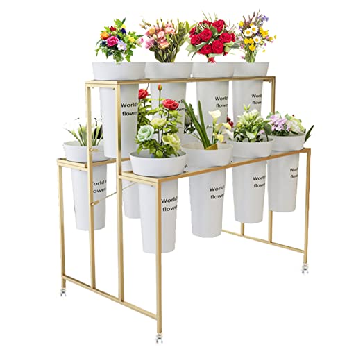 SPTZQURY Flower Display Stand with 12 Pcs Flower Buckets, 3 Tier Plant Stand with 4 Universal Wheels, Flower Cart for Indoor Outdoor Florist Garden Patio (Round-White)