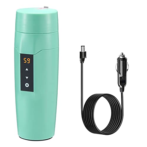 Portable Car Heating Cup, 350 ml Travel Electric Kettle, 304 Stainless Steel Liner Car Heated Mug, 40~100 Adjustable, 12V 80W Fast Boiling Bottle, Leak-proof, Anti-Dry Burn Protection(Green)