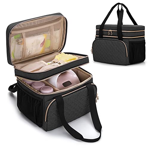 Luxja Double Layer Breast Pump Bag Compatible with Spectra S1 and S2, Pump Bag for Breast Pump and Extra Parts (Suitable for Home or Travel Use, Patent Design, Bag Only), Black