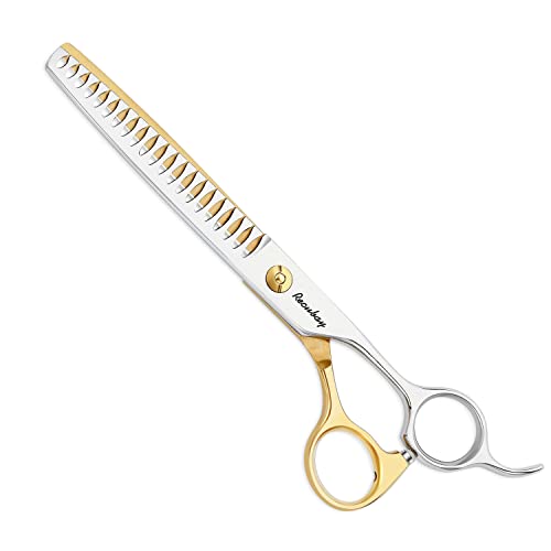 Recubay Dog Cat Scissors for Grooming, Pet Shears for Thick Coats and Matted Hair, Thinner Curved Straight Chunker Stainless Steel Shears (7.0" Chunker Gold-Silver)