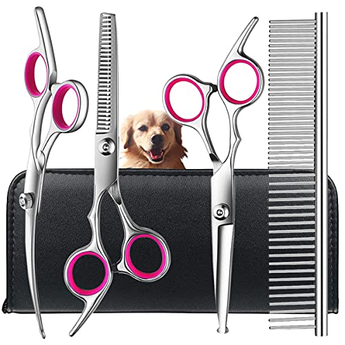 TINMARDA Dog Grooming Scissors Kit with Safety Round Tips Stainless Steel Professional Dog Grooming Shears Set - Thinning, Straight, Curved Shears and Comb for Long Short Hair for Dog Cat Pet