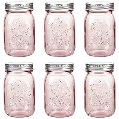 Amzcku 16 oz Rose Pink Mason Jars with Lids, 6 Pack Regular Mouth Quart Canning Jar, Safe For Storage, Canning, Pickling, Preserving, Fermenting, DIY Crafts & Decor