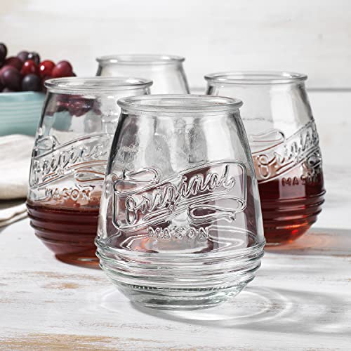 Glaver's Stemless Wine Glasses 21 Oz. Set Of 4 Original Mason Vintage Goblet Beverage Glasses Uses For Your Cocktail Lounge, Whiskey Parties, and Everyday Dinner Table. Dishwasher Safe.