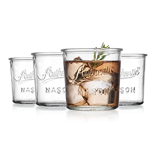 Glaver's Embossed Vintage Drinking Glasses Set of 4 Authentic Mason Vintage Glassware - 12 oz. Clear Glass Tumblers for Cocktails, Water, and Juice.